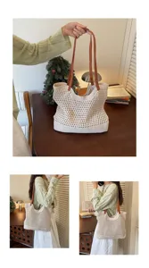 Close-up of beige crochet tote bag with brown leather straps in a home setting