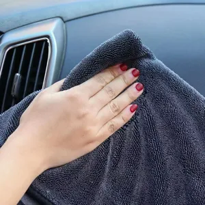 Thick grey twisted loop microfiber towel for absorbent lint-free car interior cleaning