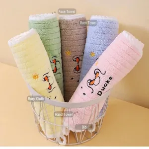 Soft coral fleece children's towels with cartoon duck embroidery in five colors