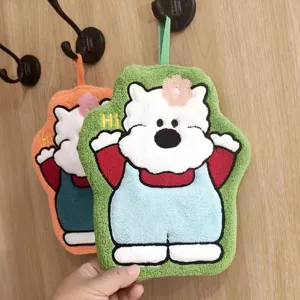 Cute cartoon bear shaped coral fleece hanging hand towel for kitchen and bathroom decor