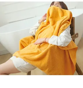 Close-up of soft yellow coral fleece bath towel with vertical stripe texture