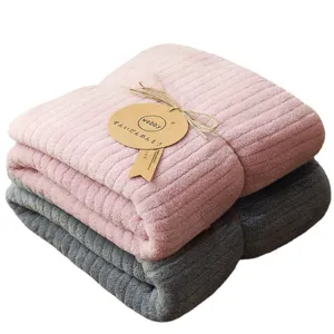 Premium soft absorbent coral fleece bath towels with vertical stripes set 80x150cm
