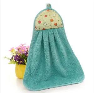 Soft thickened teal coral fleece hanging hand towel with apple pattern print detail