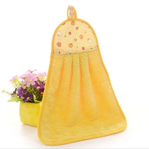 Soft yellow coral fleece hanging hand towel with fruit pattern detail for kitchen use