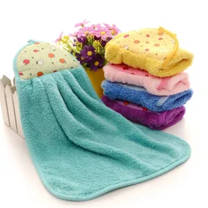 Absorbent thick coral fleece hanging hand towels in multiple colors for home use