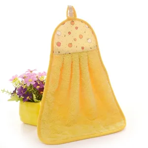 Thickened hanging yellow coral fleece hand towel with fruit pattern for kitchen