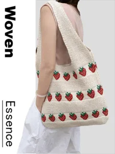 Handmade crochet tote bag with cute strawberry pattern, large capacity woven shoulder bag