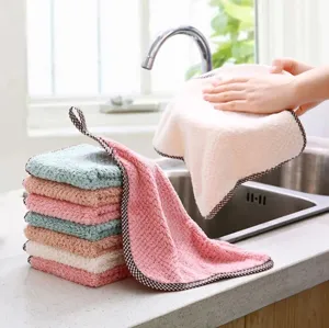 Microfiber Absorbent Kitchen Cleaning Cloth Plaid Edging Dish Towel Non-Shedding Oil-Resistant Hanging Loop Hand Wiping Towel
