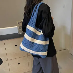 Summer striped crochet tote bag with hollow knit design for women