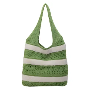 Green and white striped knit tote bag with a minimalist hollow crochet design for women