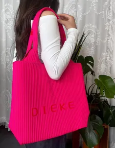 Large capacity hot pink knitted tote bag with pleated texture and DIEKE letter detail