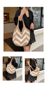 Lifestyle detail view of women's large capacity crochet shoulder bag with chevron pattern
