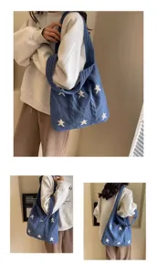 Detailed close-up and lifestyle view of a blue knitted star pattern tote bag for women