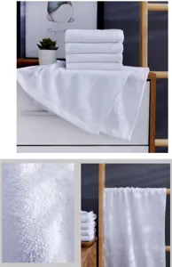 High-quality thick white cotton hotel towels showing soft texture detail and lifestyle setup