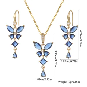 Détails de la parure de bijoux fleur en saphir bleu et zircon avec dimensions et poids.