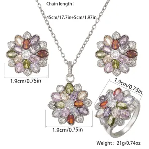 Detailed dimensions of colorful flower jewelry set with rainbow cubic zirconia