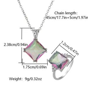 Dimensions détaillées de la parure collier et bague avec pierre carrée arc-en-ciel