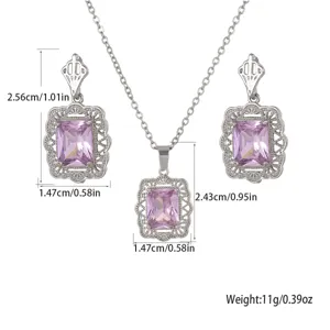 Vista detallada del conjunto de joyas de novia de circón rosa con dimensiones