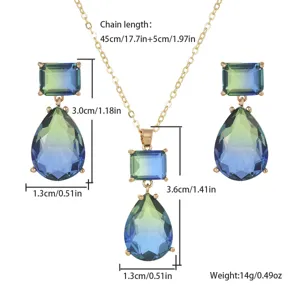 Detailed measurements for gradient blue-green water-drop necklace and earring jewelry set.