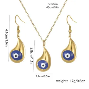 Detailed view of evil eye necklace and earrings set with dimensions and weight info
