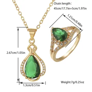 Detailed dimensions of the gold-plated emerald waterdrop necklace and matching ring