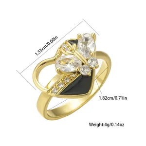 Detailed view of gold heart ring with butterfly zircon inlay and measurements.
