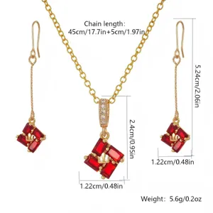 Vintage palace style emerald cut red zirconia necklace and earring set with dimensions