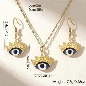 Macro view of gold-plated evil eye necklace and earrings set with size and weight info