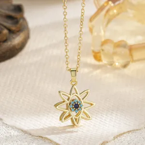 Detailed macro view of rotating gold evil eye pendant necklace with turquoise stones