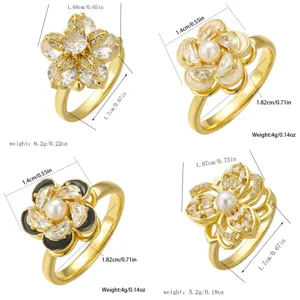 Detailed dimensions and weights of four rotatable gold flower rings with crystals