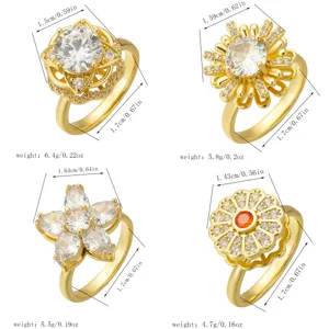 Detailed size and weight specifications for four different floral gold spinning rings