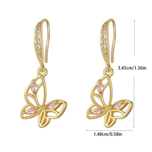 Detailed view of pink zircon butterfly earrings with dimensions 3.45cm by 1.48cm.
