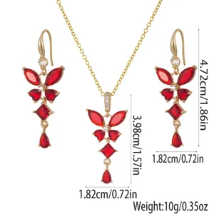 Detail view showing measurements of retro court style red gemstone necklace and earring set