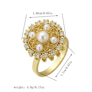 Detail view of rotatable flower pearl ring with dimensions and weight specs.