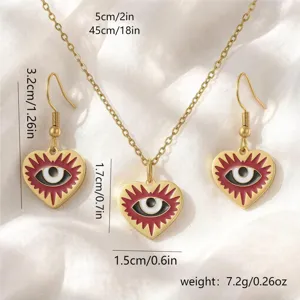 Detailed view of gold-plated heart evil eye necklace and earrings with measurements