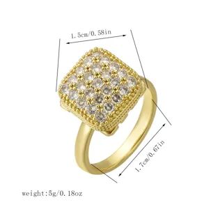 Detail view of a square rotatable gold zircon ring with dimensions and 5g/0.18oz weight