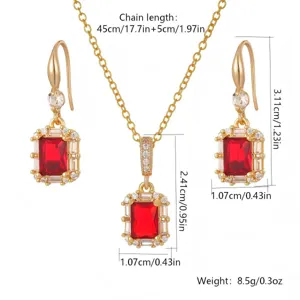 Detailed dimension diagram of red emerald-cut gemstone necklace and earring jewelry set