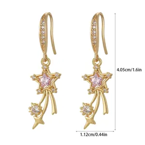Detailed dimensions showing gold-plated dangling star earrings with pink zircon stone