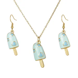 Blue enamel ice cream popsicle jewelry set with light blue hearts and HAPPY engraving on stick