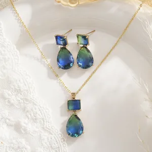 French retro gradient gemstone necklace and earring set with water drop crystal pendants