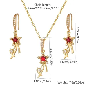 Shooting star jewelry set featuring red stones with measurements and weight details