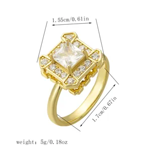 Detailed view of gold zircon ring showing product dimensions of 1.55cm and weight of 5g