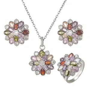 Rainbow zircon flower jewelry set with necklace earrings and ring for banquets