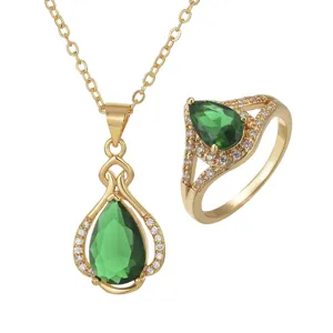 Elegant emerald green water-drop jewelry set with gold-plated zircon necklace and ring