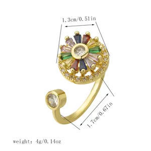 Detailed view showing specific measurements for rotatable colorful zircon flower ring