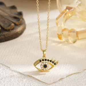 Close-up of a rotatable Evil Eye pendant necklace with sparkling stone inlay detail