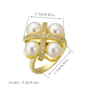 Detail of rotatable flower pearl ring with zircon snowflake design and measurements.