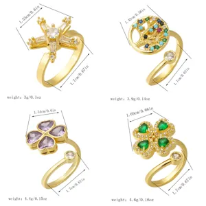 Detailed dimensions and weight of colorful zircon tree of life and rotating clover rings