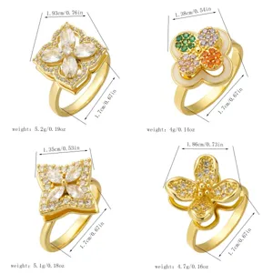 Detailed dimensions and weight of four gold-plated rotating clover rings with zircons