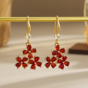 Vintage Chinese style red crystal petal earrings with gold copper ear hooks